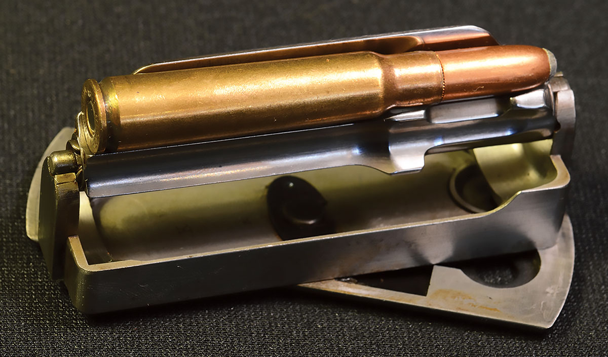 The Mannlicher’s rotary magazine, designed by Otto Schönauer, cradles the cartridge, protecting it from banging around, and also guides it into the chamber. Because of this, some Mannlicher magazines are finicky regarding bullet form and overall cartridge length. The 8x56 M-S magazines seem more tolerant than others, such as the Model 1903’s 6.5x54 magazines.